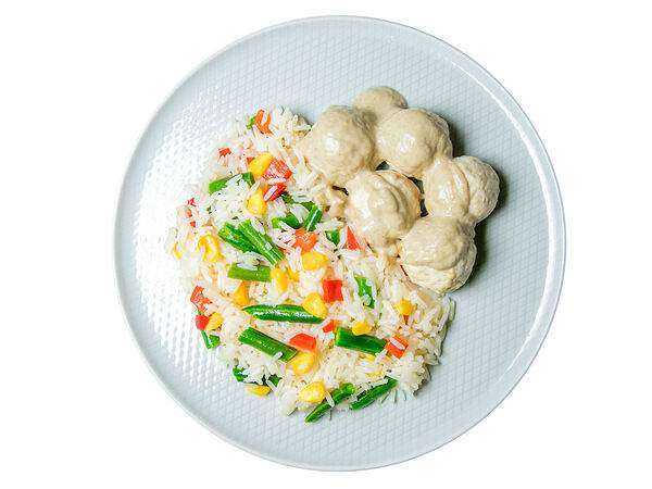 Мандарин - Фрикадельки из индейки с рисом жасмин и овощами