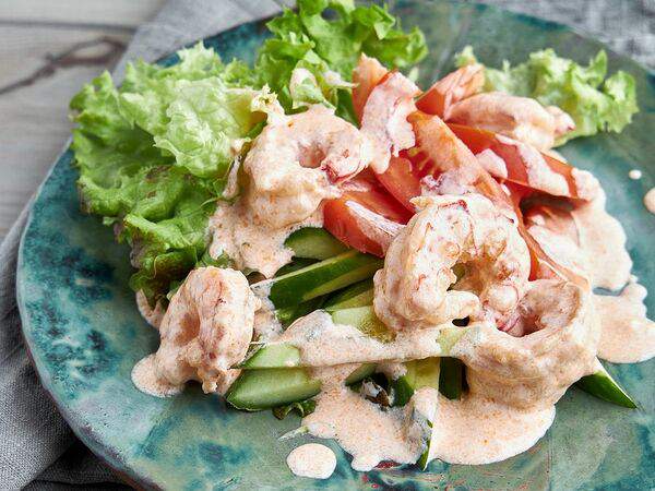 Толстый гусь - Теплый салат с креветками
