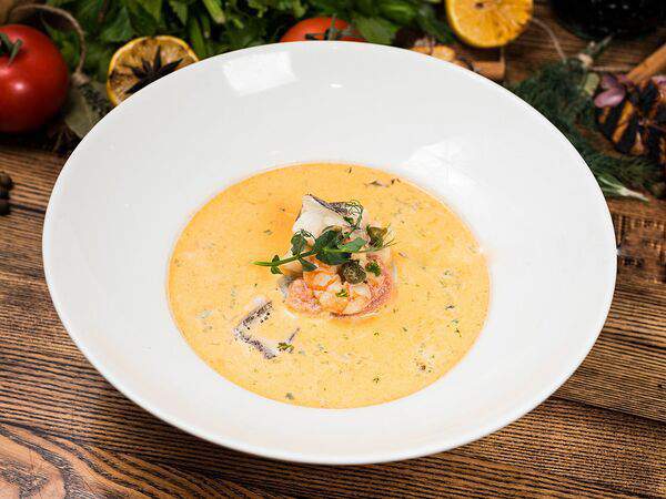 Ресторан Чеснок - Суп сливочный с палтусом и креветкой