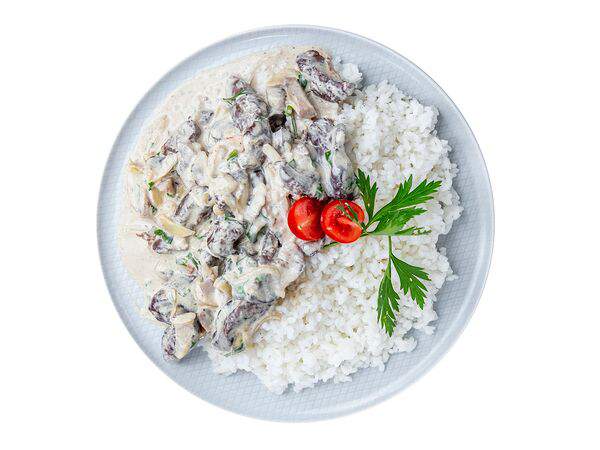 Мандарин - Печень цыплёнка по-строгановски с отварным рисом