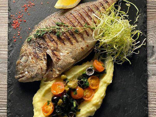 Шенген - Дорадо гриль с лаймовым пюре и сальсой из каперсов и маслин