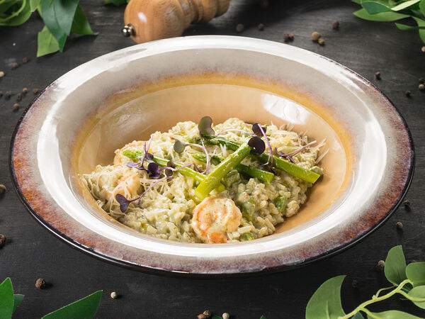 Мята Platinum - Ризотто с креветками и спаржей