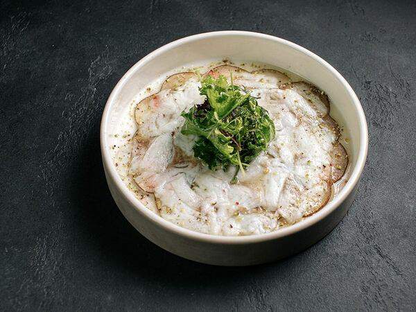 Цукини - Тёплое севиче из сибаса с грушей и фисташками