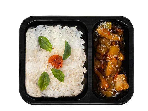 Тарелка - Курица в соусе Терияки с персиками и рисом