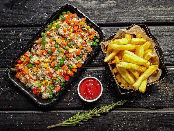 BulbaFrites - Комбо с овощами и рисом, шампиньонами и картофелем по-бельгийски фри