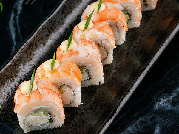 Баклажан Горьковская - Филадельфия с креветками и соусом цитрусовый спайси