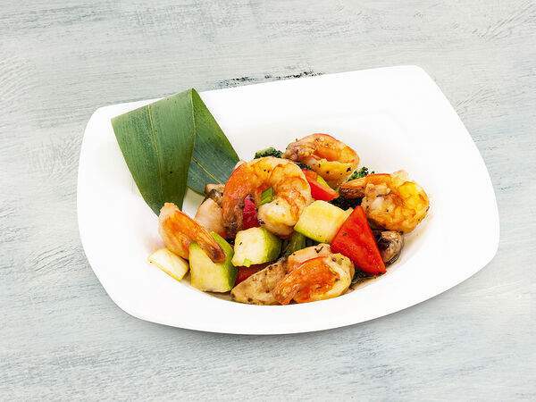 Суши сан - Креветки в чесночном соусе с овощами