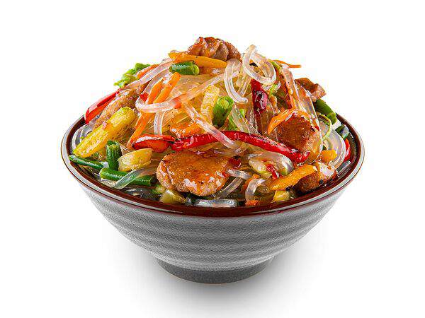 Белый рис - Харусаме со свининой в Сингапурском соусе