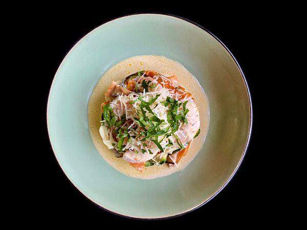 Сохо - Овощное папарделли с креветками в сливочном соусе