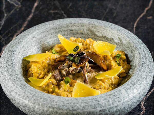 Ресторан Строгов - Строганов из мяса буйвола, гарнируем ризотто с лесными грибами и соусом из ореховой травы