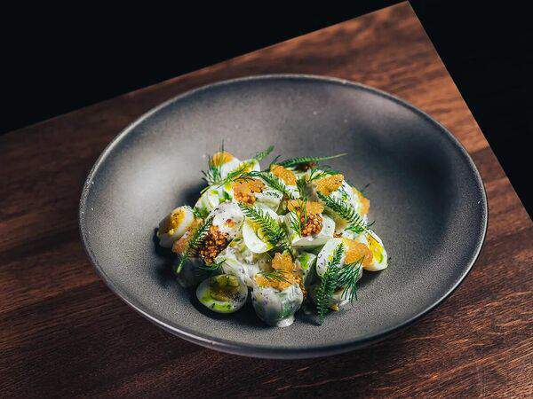 Novo. Ресторан современной русской кухни - Салат огуречный с перепелиным яйцом и щучьей икрой