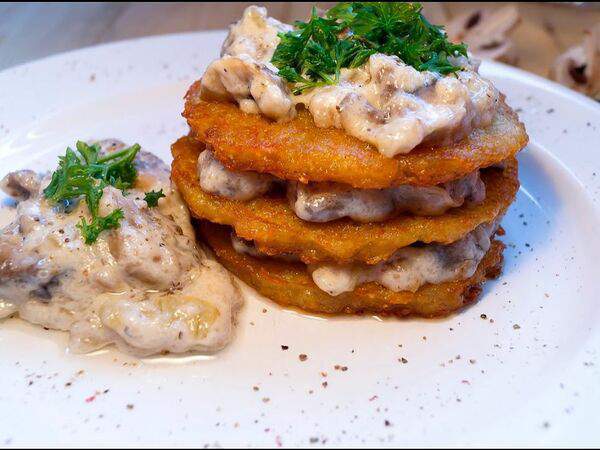 Пицца Сицилия - Драники с грибным рагу