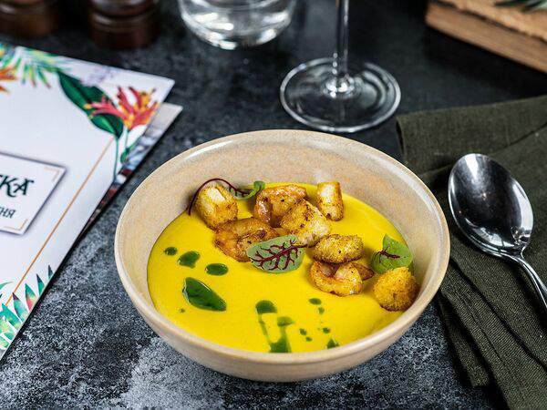 Дикая утка - Сырный крем-суп с креветкой