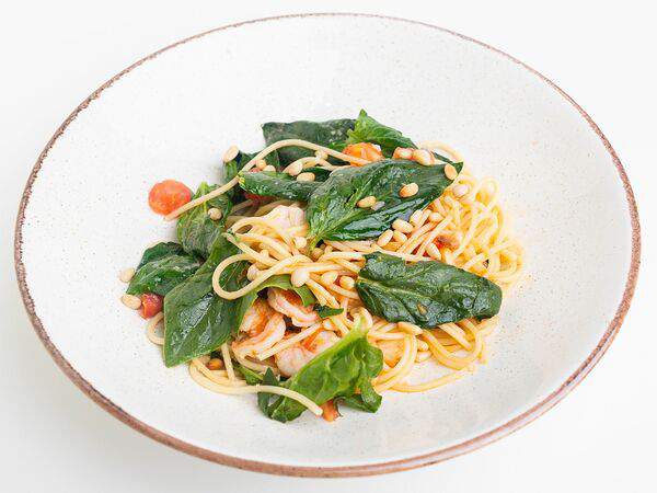 Breakfasteria - Спагетти с креветками и шпинатом