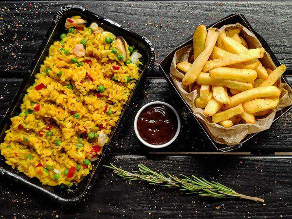 BulbaFrites - Рис с морепродуктами и картофель по-бельгийски