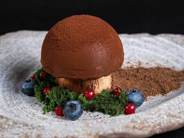 Ресторан Строгов - Воздушное суфле с ванильным ароматом и с шоколадно-ореховым пралине в форме гриба Боровика