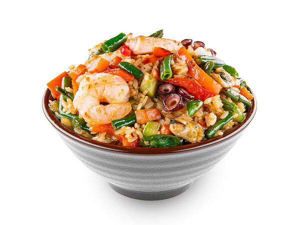 Белый рис - Тяхан с морепродуктами в устричном соусе