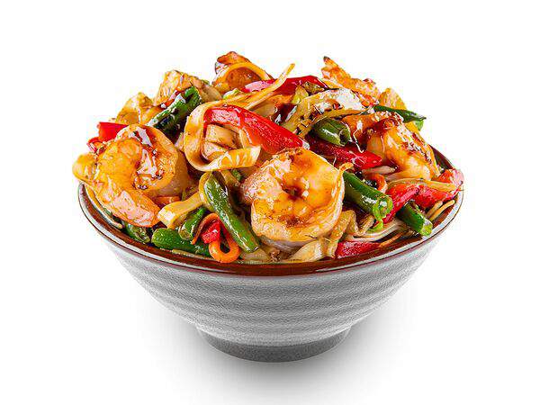 Белый рис - Удон с креветками в сингапурском соусе