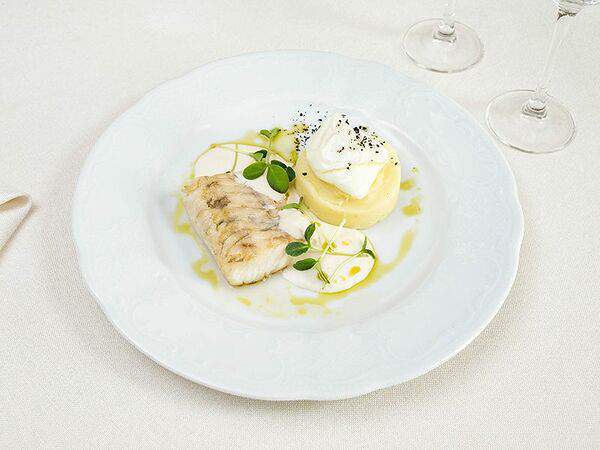 Сенкевич - Судак с картофельным пюре, яйцом пашот и соусом белое вино