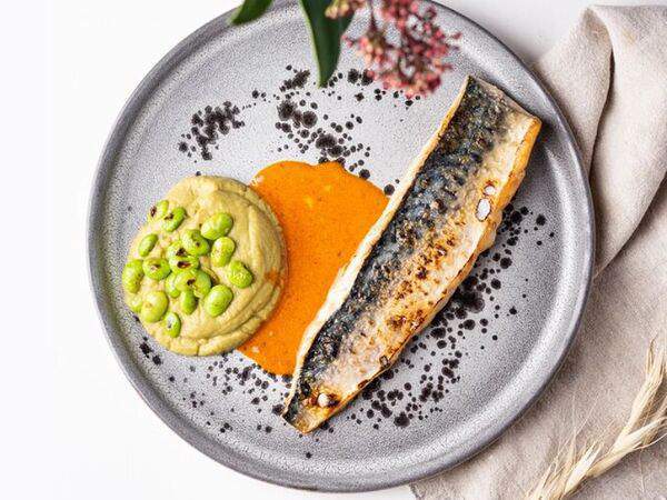 Red wall - Скумбрия на гриле с пюре из брокколи и бобами эдамаме