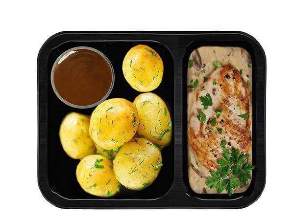 Тарелка - Кура запеченная с грибами и отварной картофель с маслом, зеленью и соусом Демиглас