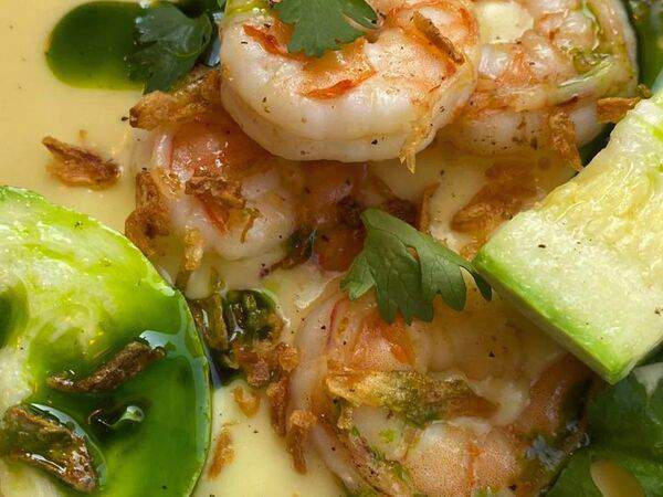 Покешная Nop Inexpensive - Тигровые креветки с картофельным кремом и кабачком