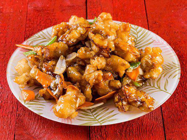 Девять драконов - Баклажаны со свининой в кисло-сладком соусе