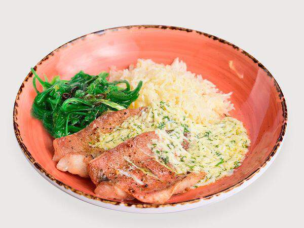 Самое популярное кафе - Окунь морской с рисом басмати и польским соусом