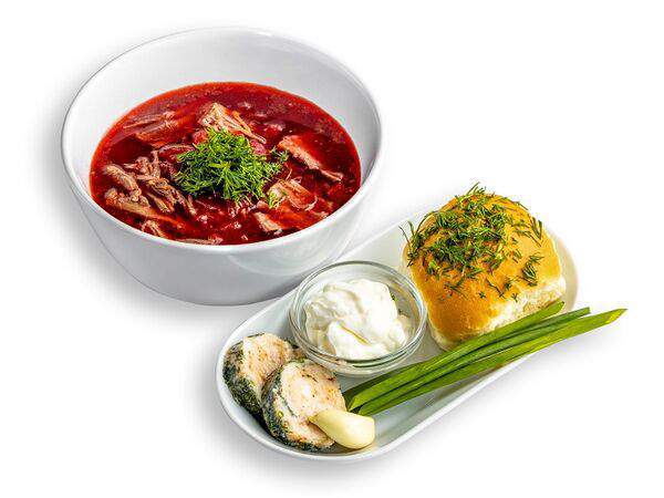 Ред-Буфет - Борщ по-домашнему с пампушкой и крученым салом